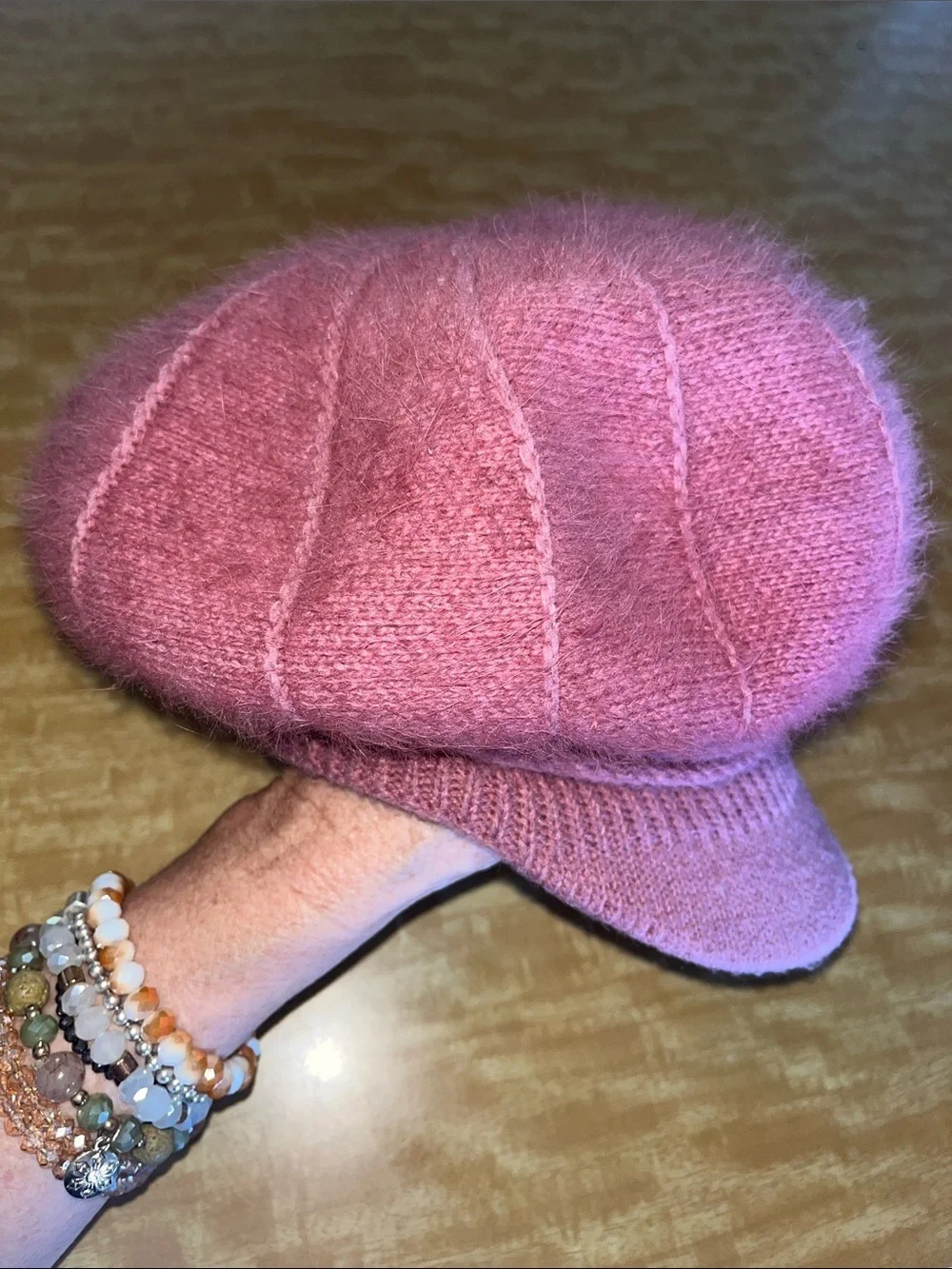 Source Unknown Pink Angora Newsboy Cap with Pearl Embellishment